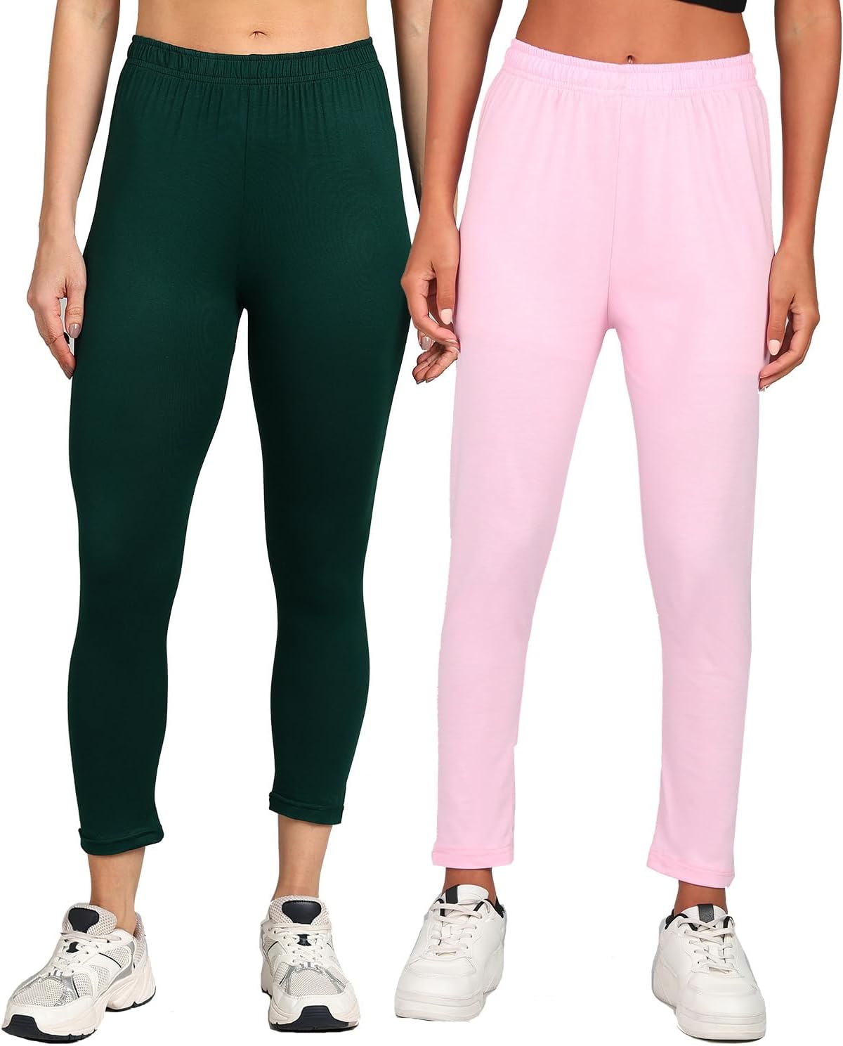 Pure PC Cotton Slim Fit 2 Way Stretchable Women's Comfortable Ankle Length Leggings with Ultrasoft Wide Elastic Waistband, Jeggings Trousers for Casual, Office, and Everyday Wear - Pack of 2