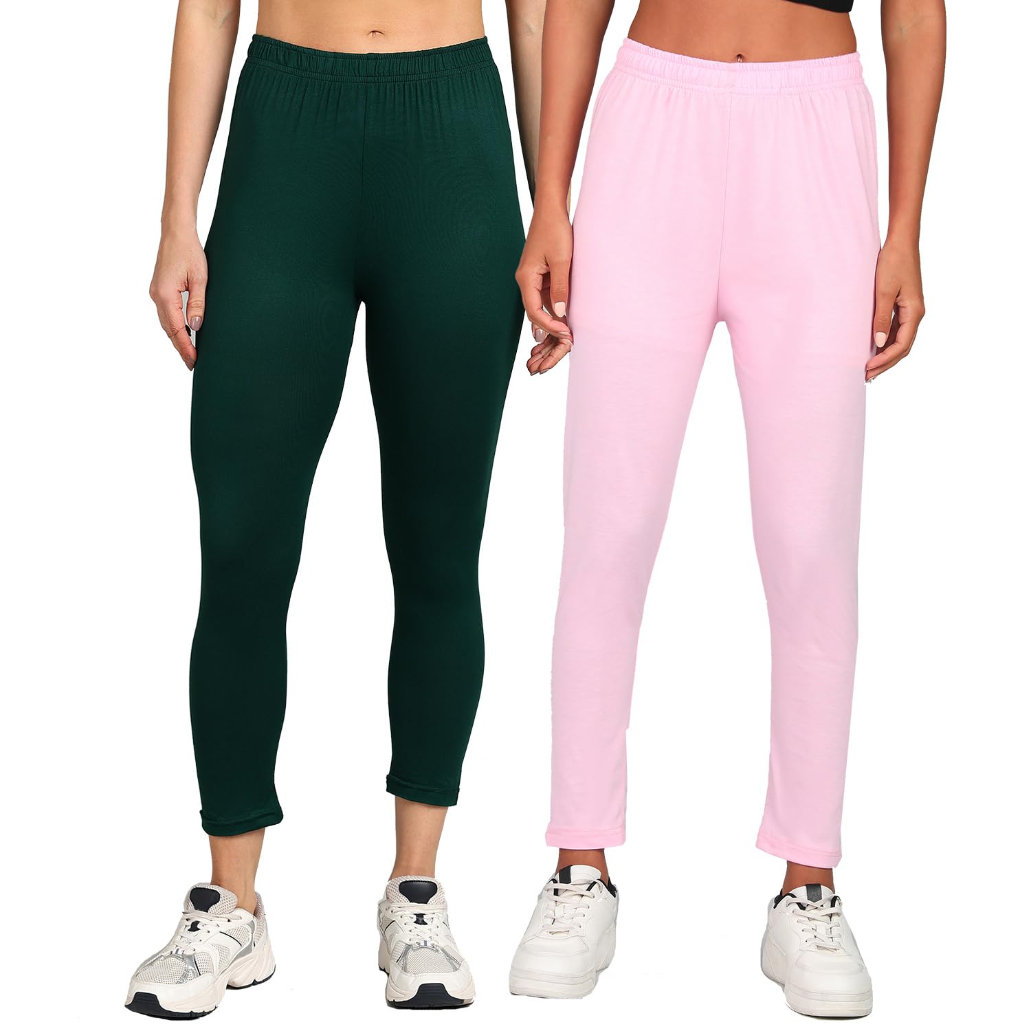 Pure PC Cotton Slim Fit 2 Way Stretchable Women's Comfortable Ankle Length Leggings with Ultrasoft Wide Elastic Waistband, Jeggings Trousers for Casual, Office, and Everyday Wear - Pack of 2