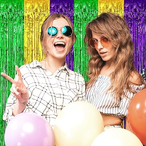 Image of 6 Pack Gold Green Purple Foil Fringe Curtain Backdrop, 3.28Ft x 8.2Ft Metallic Tinsel Foil Fringe Streamer Curtains for Photo Booth, Christmas Day, Thanksgiving, Wedding, New Year Party Decorations