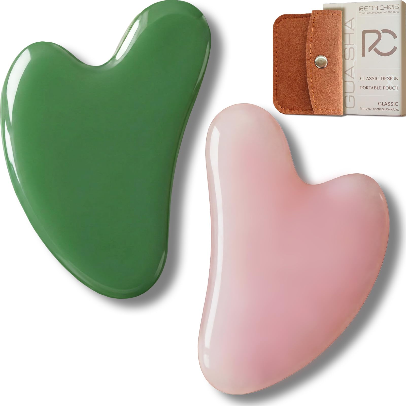 Rena Chris 2PCS Gua Sha Facial Tools: Jade Stone Guasha Tool for Face Acupuncture Therapy, Facial Massager for Jawline Sculpting and Puffiness Reducing (Green &amp; Pink)
