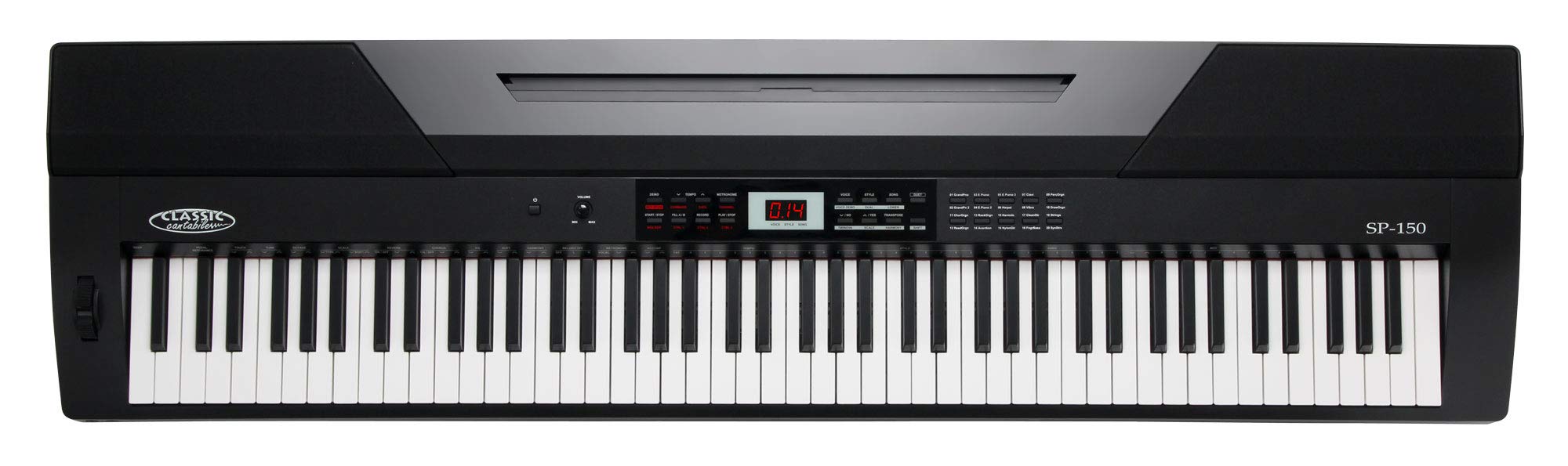 Classic Cantabile SP-150 BK Stagepiano schwarz Komplett Set inkl. Ständer | 88 Soft-Touch Tasten mit Anschlagdynamik, Max. Polyphonie: 64 Stimmen, 20 Voices, 60 Songs, 50 Styles, 2 Demo, Tune, Metronom