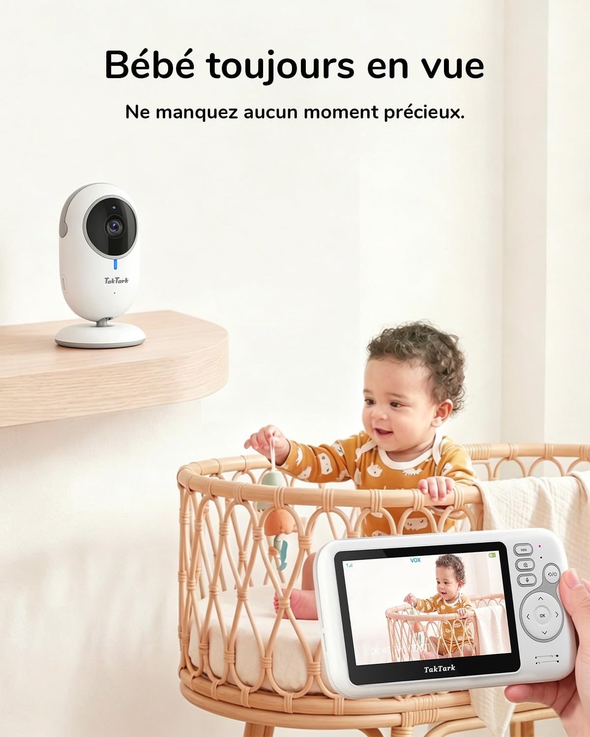 TakTark Babyphone Camera, Babyphones 4.3'' IPS Babyphone Vidéo, Camera Bebe Surveillance, Visiophone Bébé, VOX, Vision Nocturne, Communication Bidirectionnelle, Capteur de Température