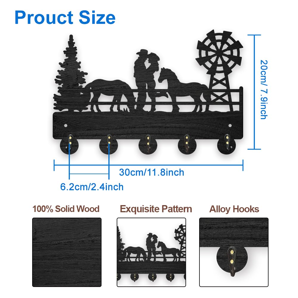 MAYJOYDIY Wood Cowboy Horse Farm Coat Hooks Farmhouse Cowgirl Windmill Key Holder Wall Art Decor Gift Black Key Rack Organizer 5 Alloy Hooks for Bedroom Kitchen Entryway - Image 2