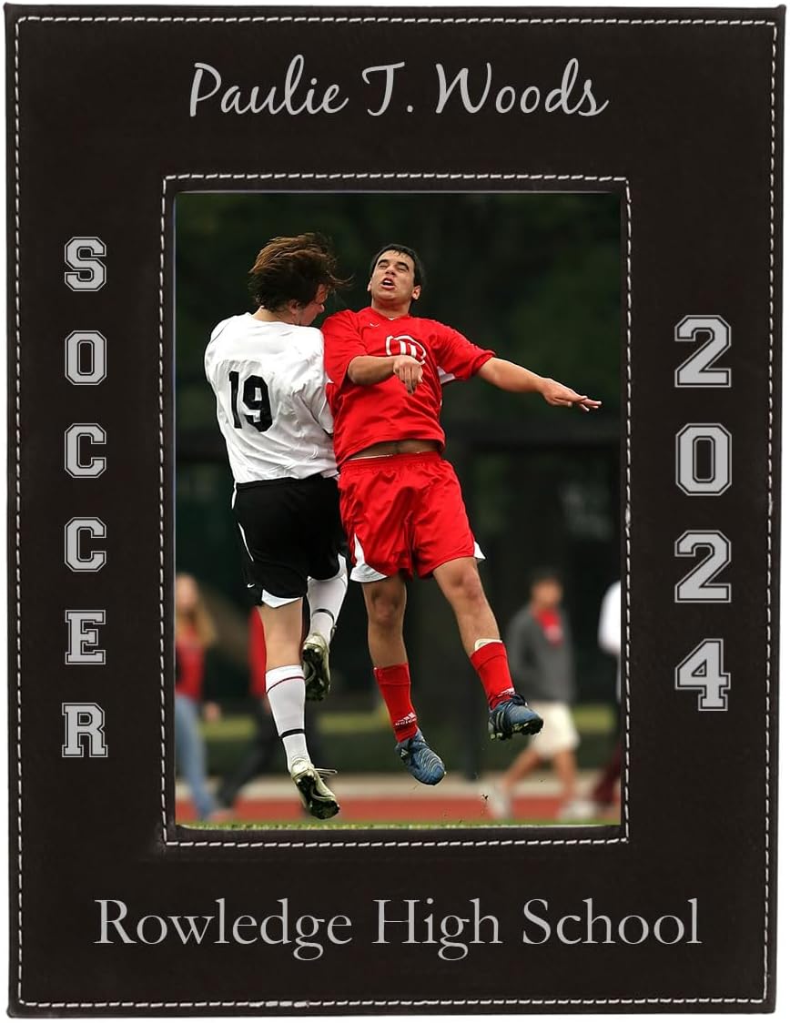 Soccer - Faux Leather Black Leatherette Personalized Group Picture Family 5x7 Custom Portrait Vertical Son/Daughter Photo Customized Sports Graduation Frame