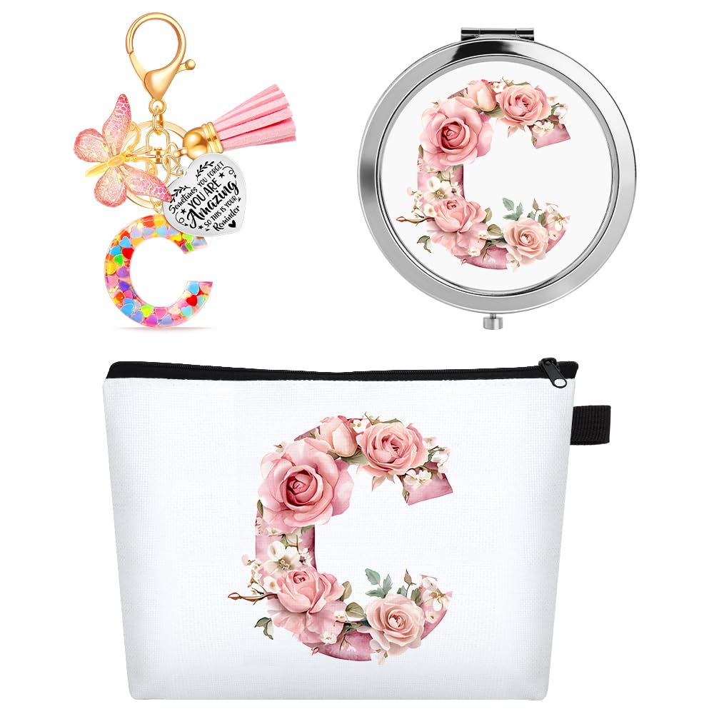 WALLFID Pochette Personalizzata con Lettere, Pochette da Make-up con Specchio & Portachiavi Motivazionale, Iniziali A–Z, Ideale come Regalo per Ragazze, Donne & Testimoni di Nozze (C)