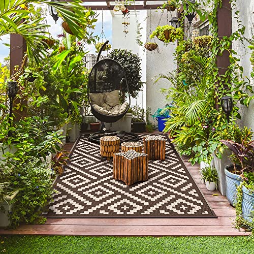 Image of GENIMO Outdoor Rug, Waterproof Plastic Rugs for Patio, 5'x8' Coffee Beige | Outside Larger Modern Carpet Mat for Porch Decor, Deck, Balcony, Camping, RV, Backyard, Picnic, Beach, Reversible, Foldable