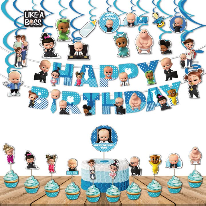 Festiko® Boss Baby Birthday Decorations,Baby Boss Party Supplies Set Pack of 30 pcs ,Baby Party Supplies, Children Carnival Party Supplies Decoration - Banner,Swirls,Cake Topper,Cup Cake Topper