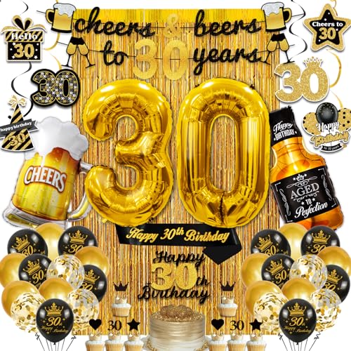 30th Birthday Decorations for Him 30th Birthday Party Decorations Black and Gold Decorations with Gold 30 Number Balloons Cheers to 30 Years Banner for Men Happy 30th Birthday Decorations