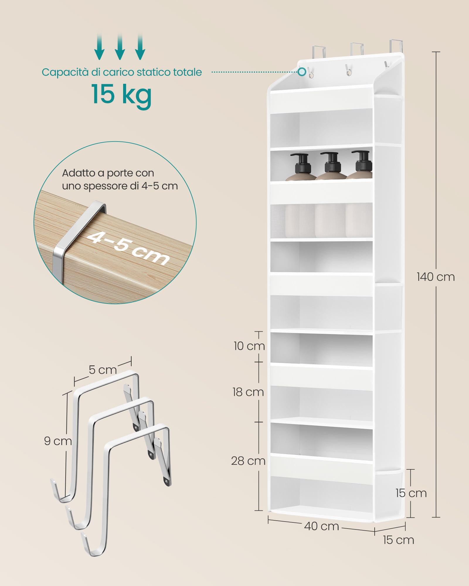 SONGMICS Organizer da Porta, 5 Scomparti, Portaoggetti da Appendere Pieghevole, Ganci in Metallo, Trasparente, Tasche Laterali, Bianco Nuvola RDH010WH01