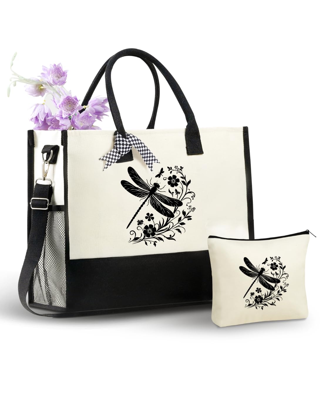 InnoBeta Dragonfly Gifts for Women, Canvas Tote Bag with Top Zipper Closure and Shoulder Strap