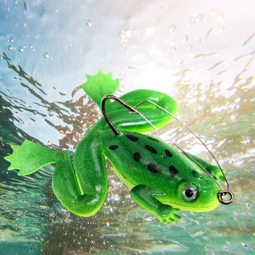 LATRAT 6 esche da pesca con gancio, a forma di rana, morbide esche da pesca, esche a manovella con gancio, 3D, doppie eliche Frogs morbide per persico/trota, luccioperca