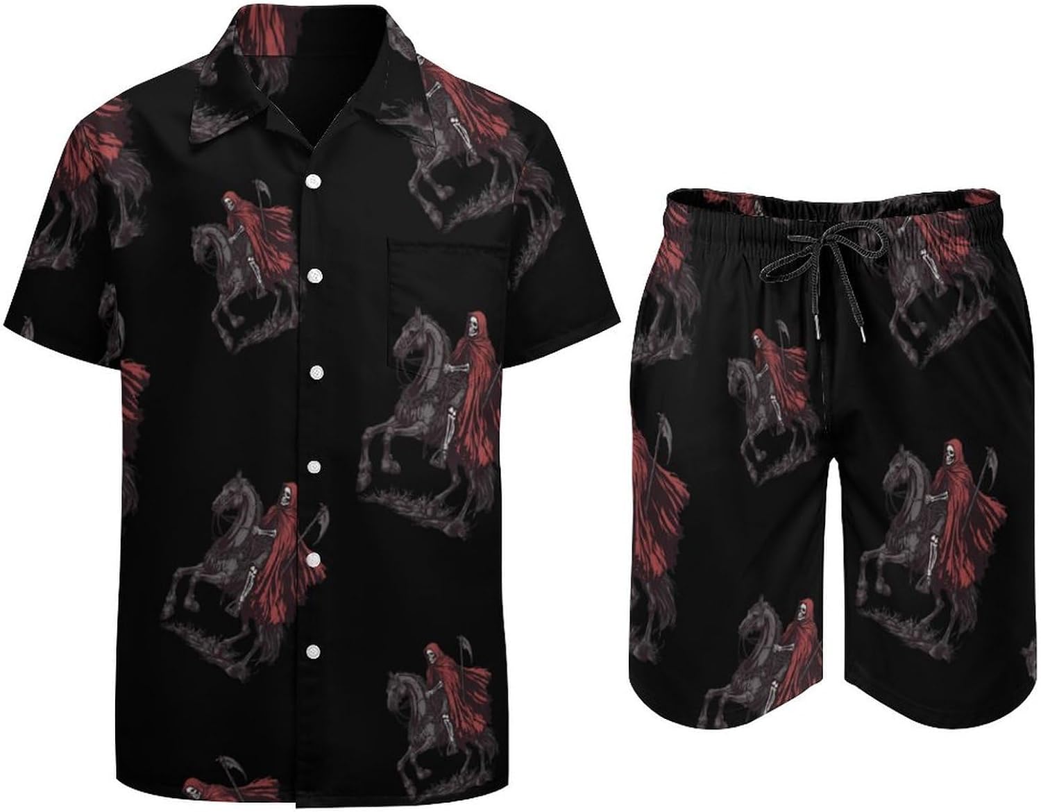Grim Reaper Skeleton Riding Horse Men's Summer Beach 2 Piece Outfits | hawaiian button down shirt and shorts,vacation cruise,mens bathing suit