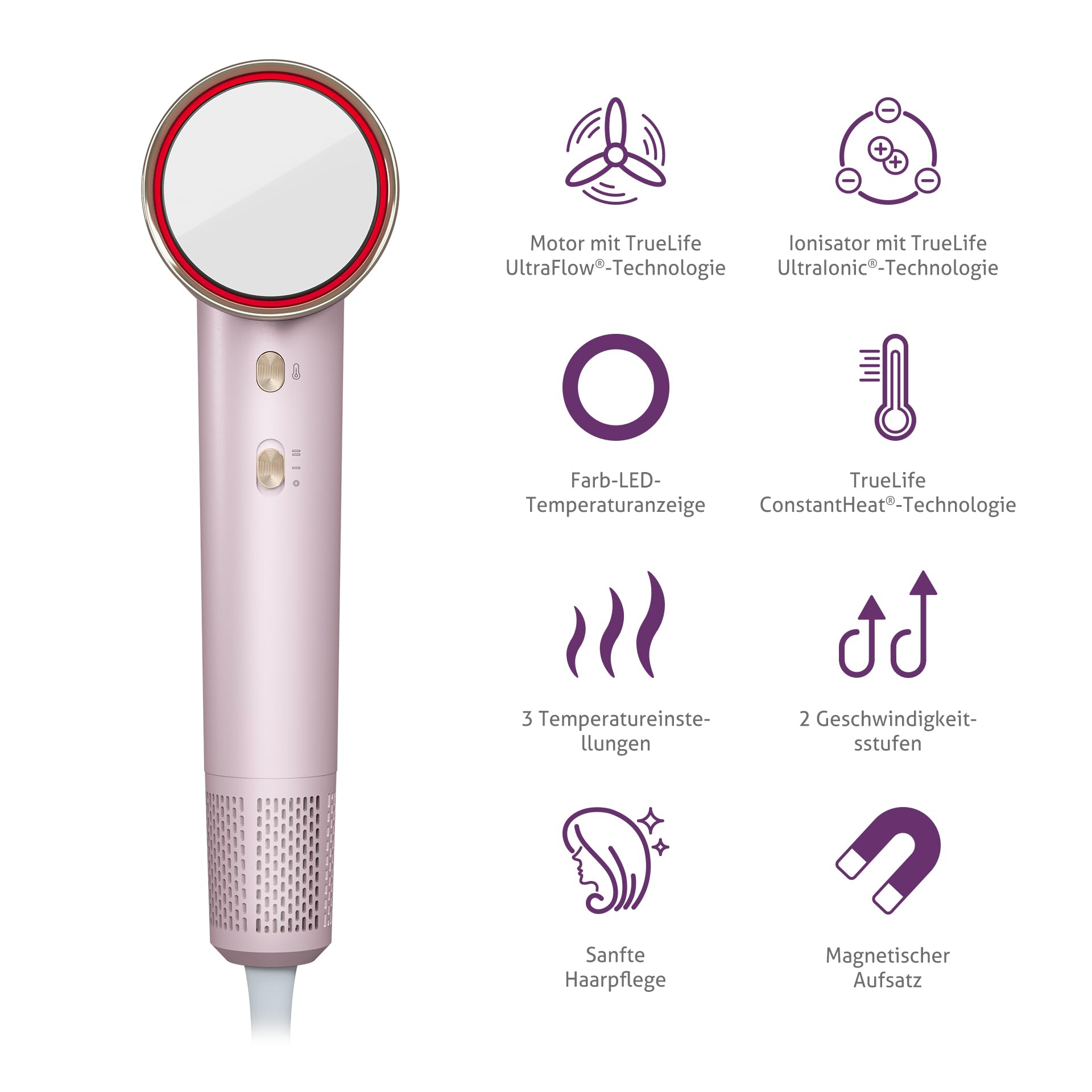 TrueLife HairDryer D6, Haartrockner mit Ionisator, Leistung bis zu 110.000 U/min, farbiger LED-Ring zur Temperaturanzeige, 3 Trockenstufen, 2 Geschwindigkeiten, Magnetaufsatz