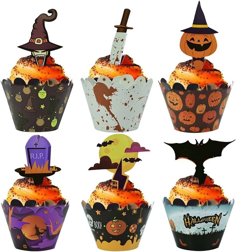 24Pcs Cake Topper Party Cupcake Wrapper, Cake Toppers For Home Halloween Party Cake Decor Paper Cup