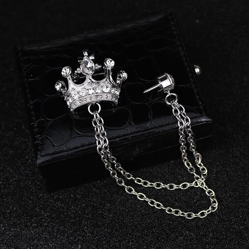 Image of coadipress Crown With Hanging Chain Brooch for Women Men Elegant Gentlemen Gold Silver Crystal Crown Lapel Pin Vintage Rhinestone Wedding Brooch Suit Shirt Pin Accessories