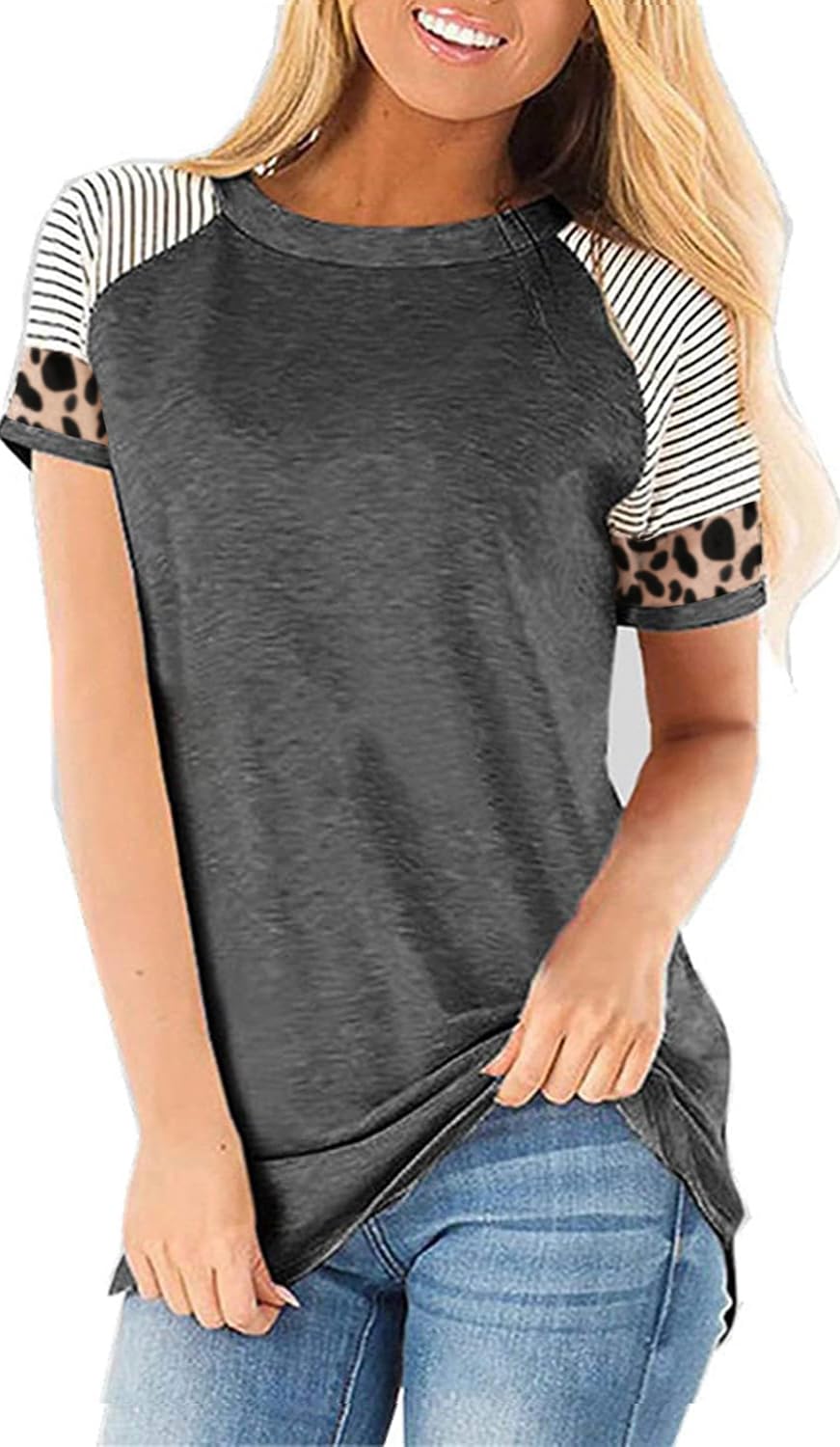 Leopard Print Tops for Women Long Sleeve Crew Neck Patchwork T Shirt Blouse
