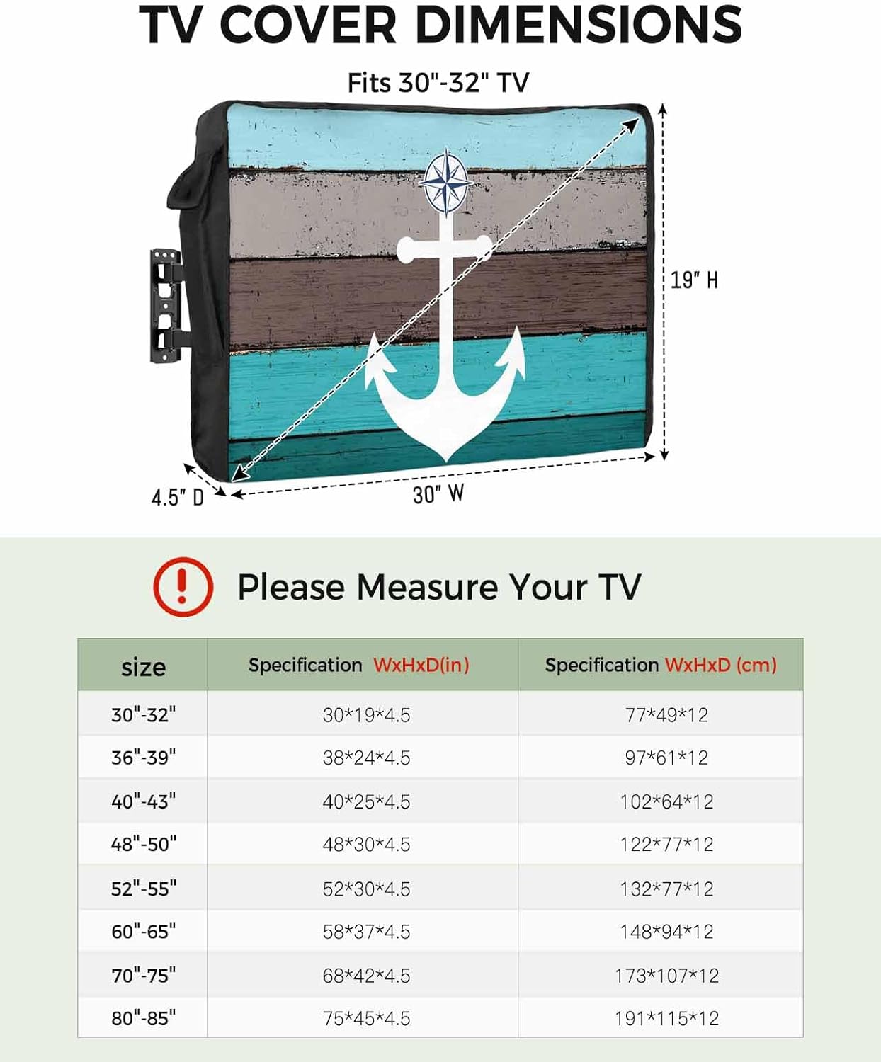 T&H XHome Outdoor TV Cover - Cyan and Grey Wood Grain Anchor Waterproof and Weatherproof 48"-50" LCD Movable Shield TV Display Screen Protector Outside Television Covers