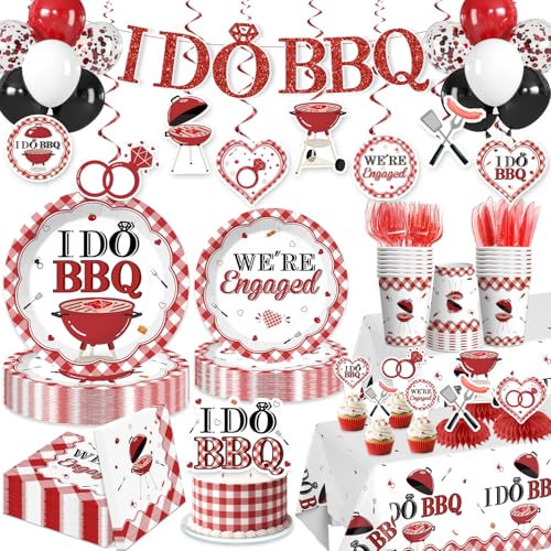 205 Pcs I DO BBQ Decorations - Serves 25 Guests - All-in-One Picnic Party Decorations Kit Includes 350psm Plates, Tablecloths and Toppers, BBQ Themed