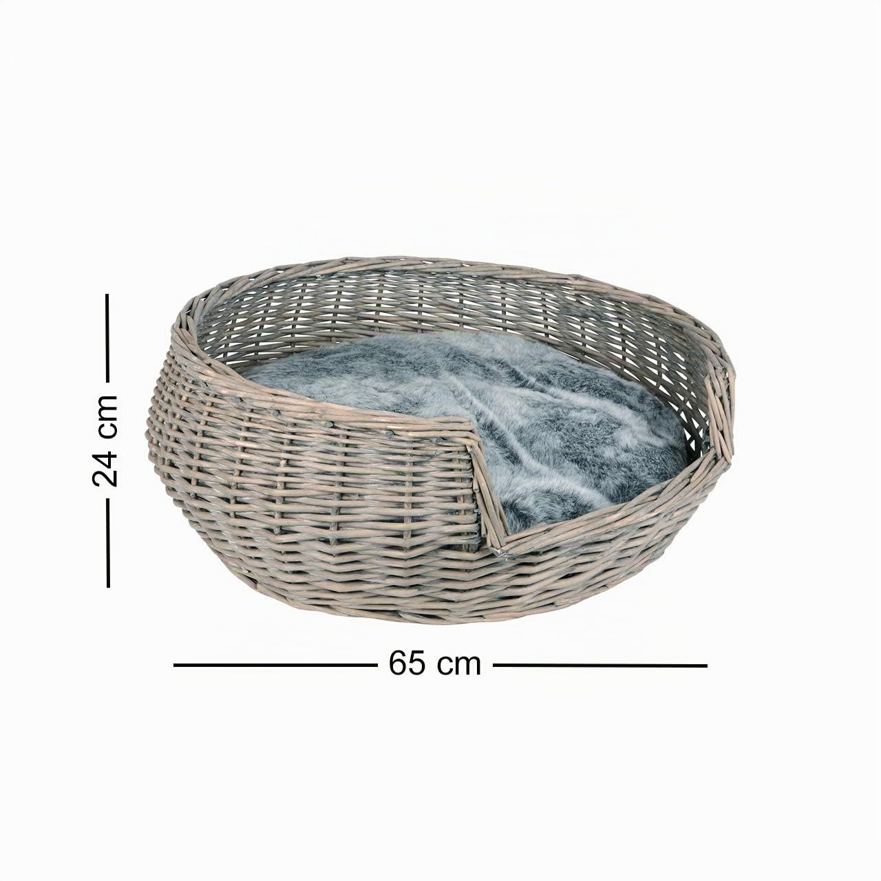 RM E-Commerce, cuccia per cani e gatti, in vimini, diametro 65 cm, con cuscino grigio, per cani e gatti