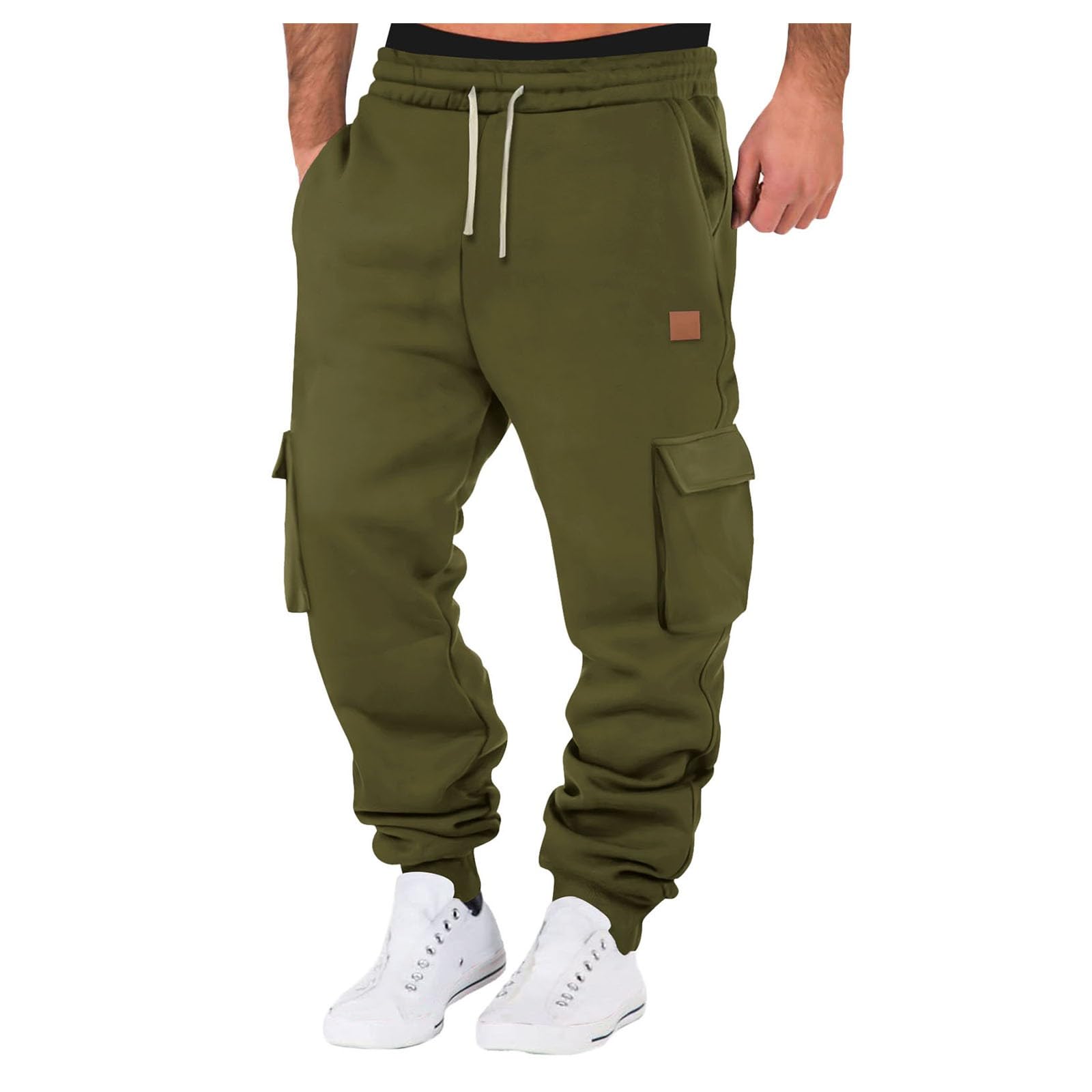 Mens Casual Waist Color Sports Hat Woven Pocket Solid Color Pocket Leather Label Thin Fleece Sweatpants 13 House9