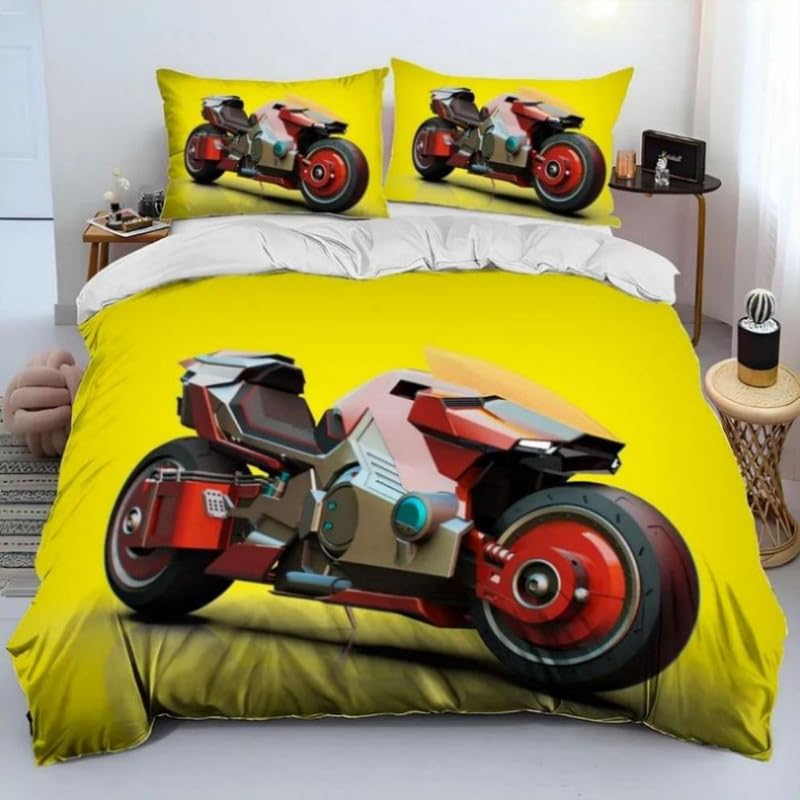 Parure de lit moto jaune 90x190 avec housse de couette et taie 65x65 en microfibre pour enfant