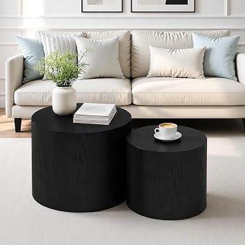Nesting Coffee Table Set of 2, Mid-Century Modern Round Black Coffee Table