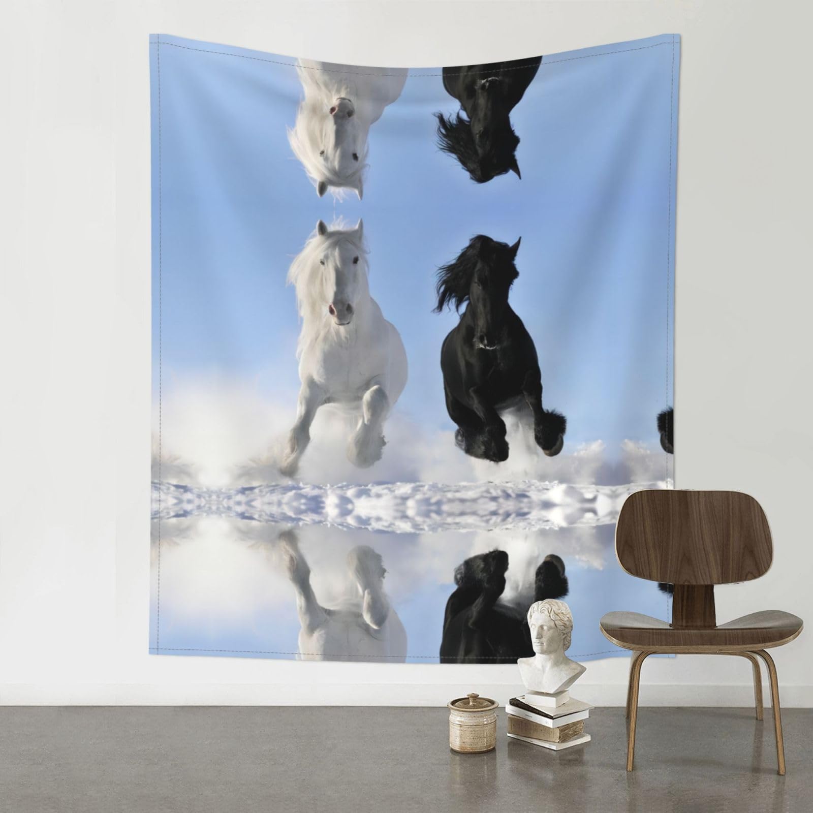 YYHWHJDE Black And White Horses Running Prints 60x51in Wall Tapestry – High-Grade Polyester Throw for Dorm, Beach & Home Decor