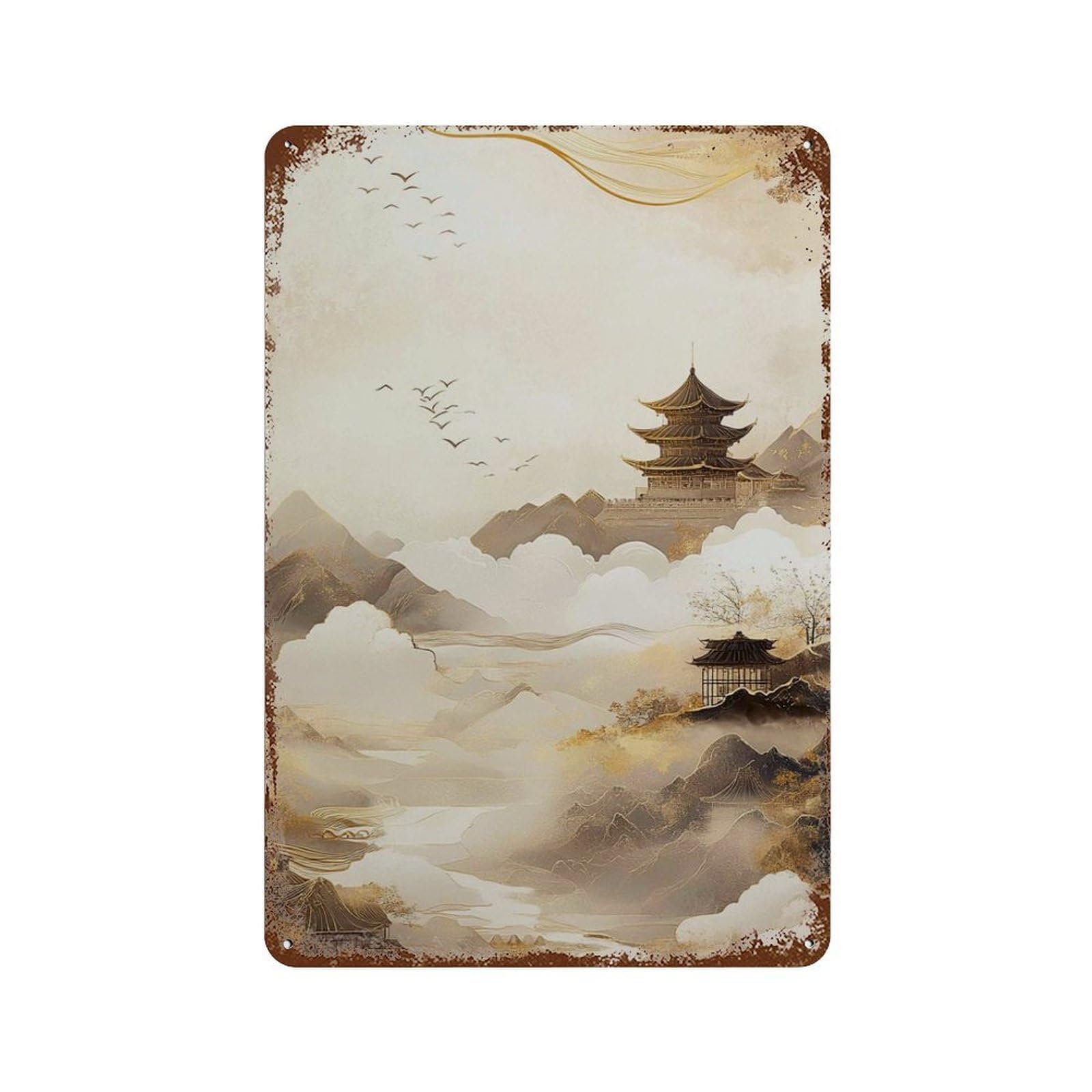 xiaoxiaoshen Golden Japanese Landscape Zen Pagoda Mountain Minimal Oriental Modern Wall Decor Art Metal Tin Poster Modern Home Decor Art Home Bar Shop Decorations Vintage Sign 30x20cm