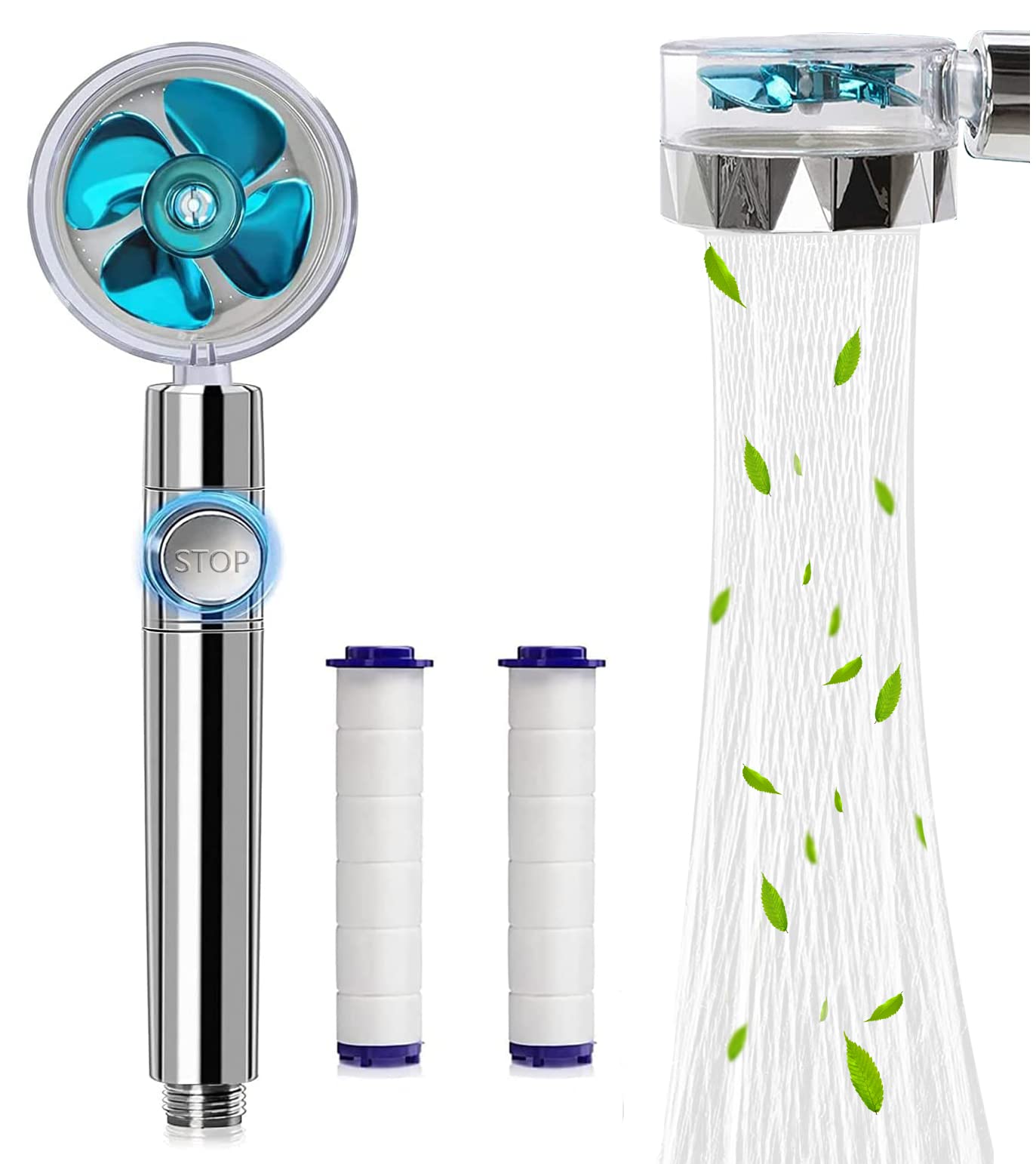 Dasfie High Pressure Water Saving Shower Head, 360 Degrees Rotating Propeller Driven Handheld Shower Head with Filter, Water Saving Shower Head with Fan & On/Off (Blue)
