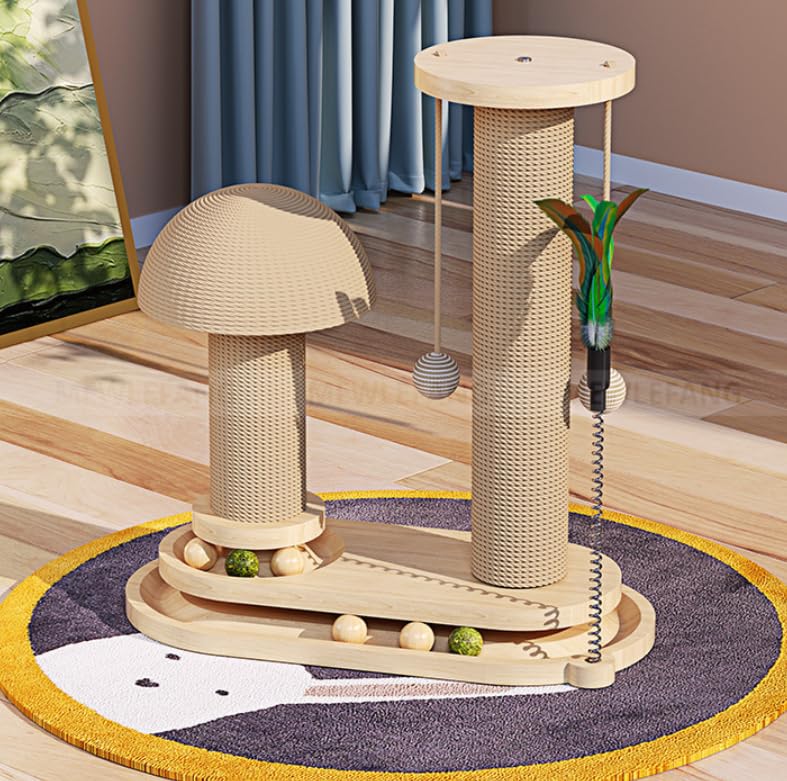 Image of Solid Pine Wood Cat Toy Scratching Post Tower with Roller Ball Track, Catnip Balls & Feather Teaser - 2-Level Sisal Cat Scratcher Activity Tower for Indoor Cats- Double Tower
