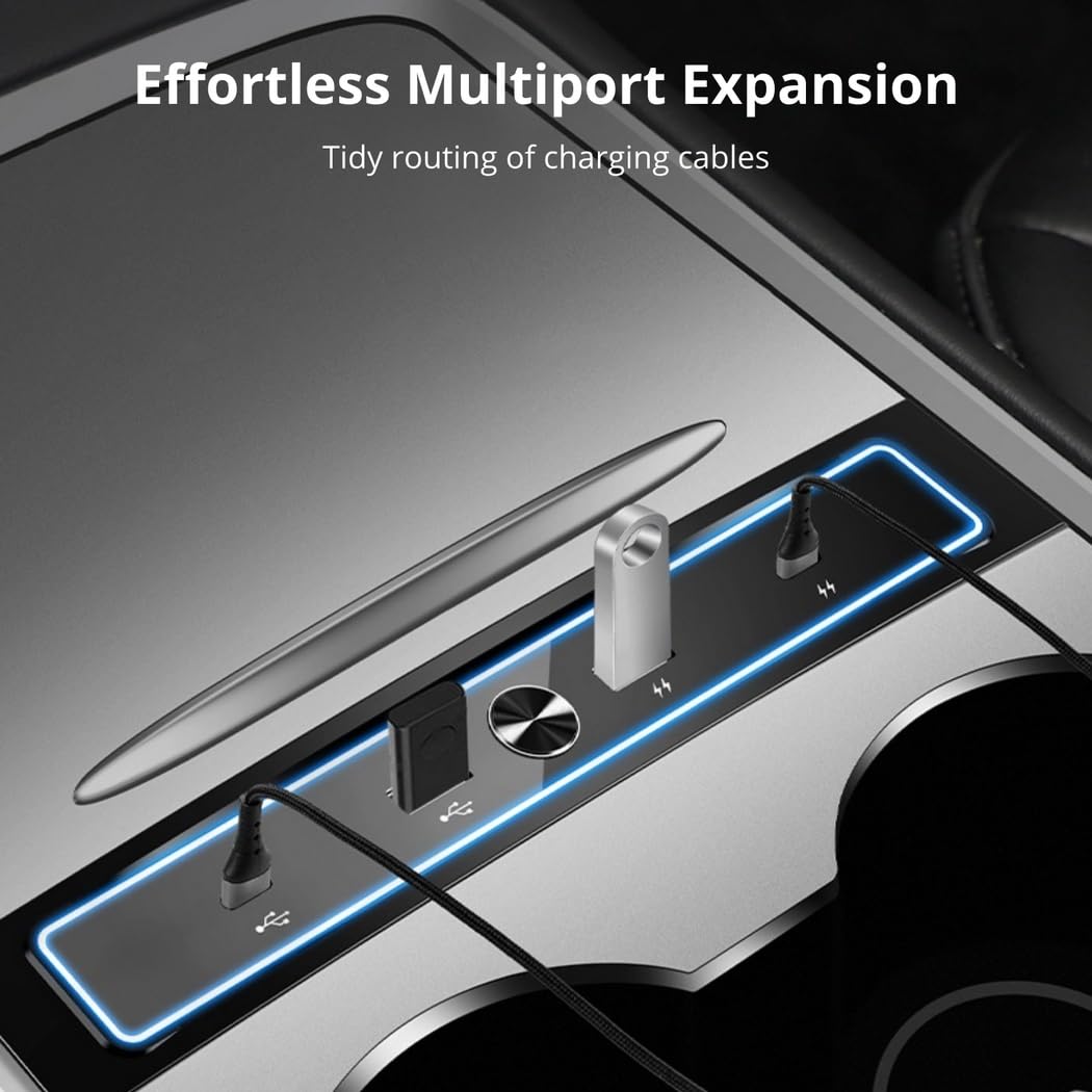 Hub USB para Tesla Model 3 y Model Y 2021 2022 2023, base USB de 4 puertos para adaptador de consola central Tesla, estación de acoplamiento multipuerto con luz LED para carga de coche y transmisión