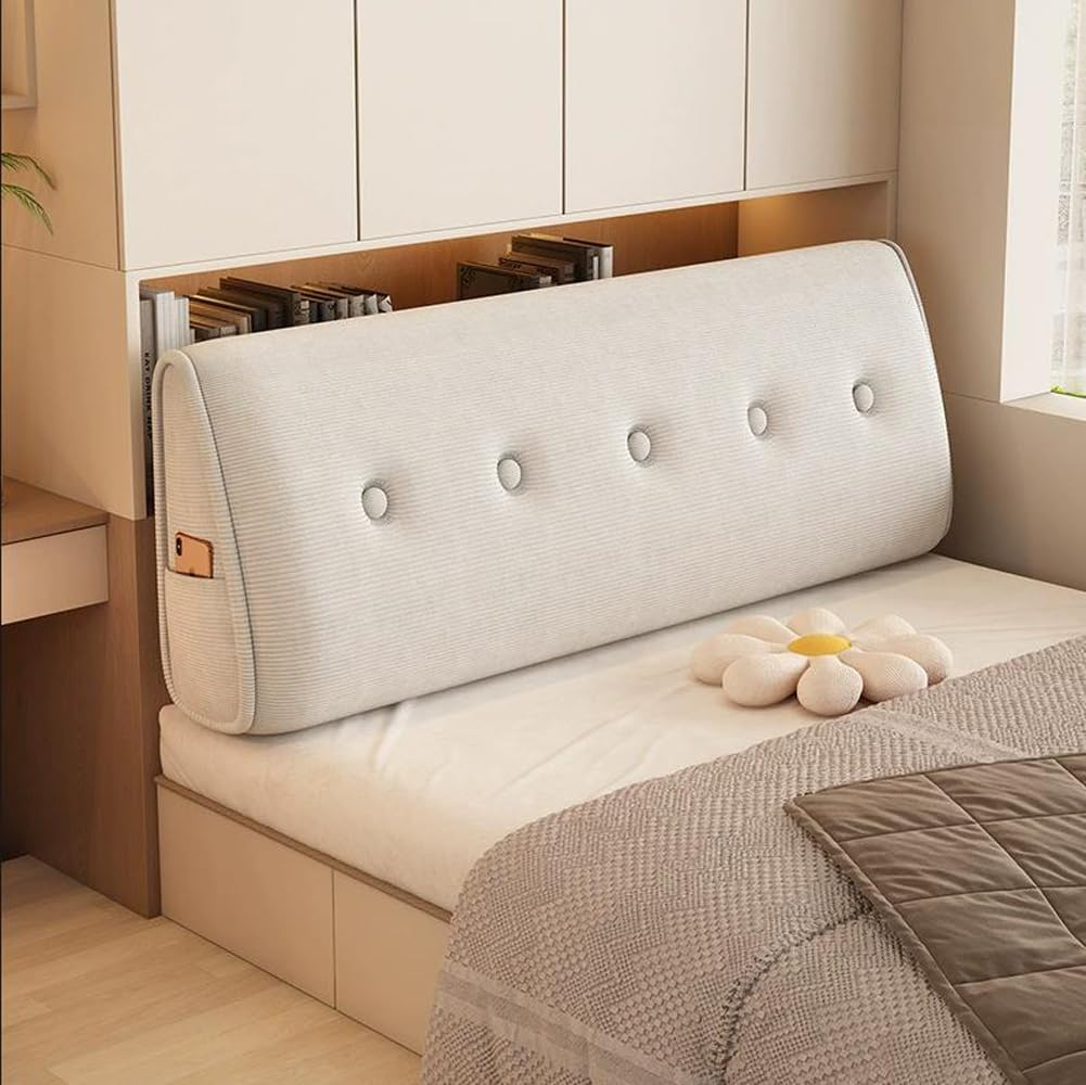 HEANCRIE Large Lounge Headboard Pillow,Corduroy Triangle Pillow for Bed,Washable Backrest Cushion with Button Design,Comfort Waist Bolster for Tatami/Bed Sitting (White,150X50X20CM)