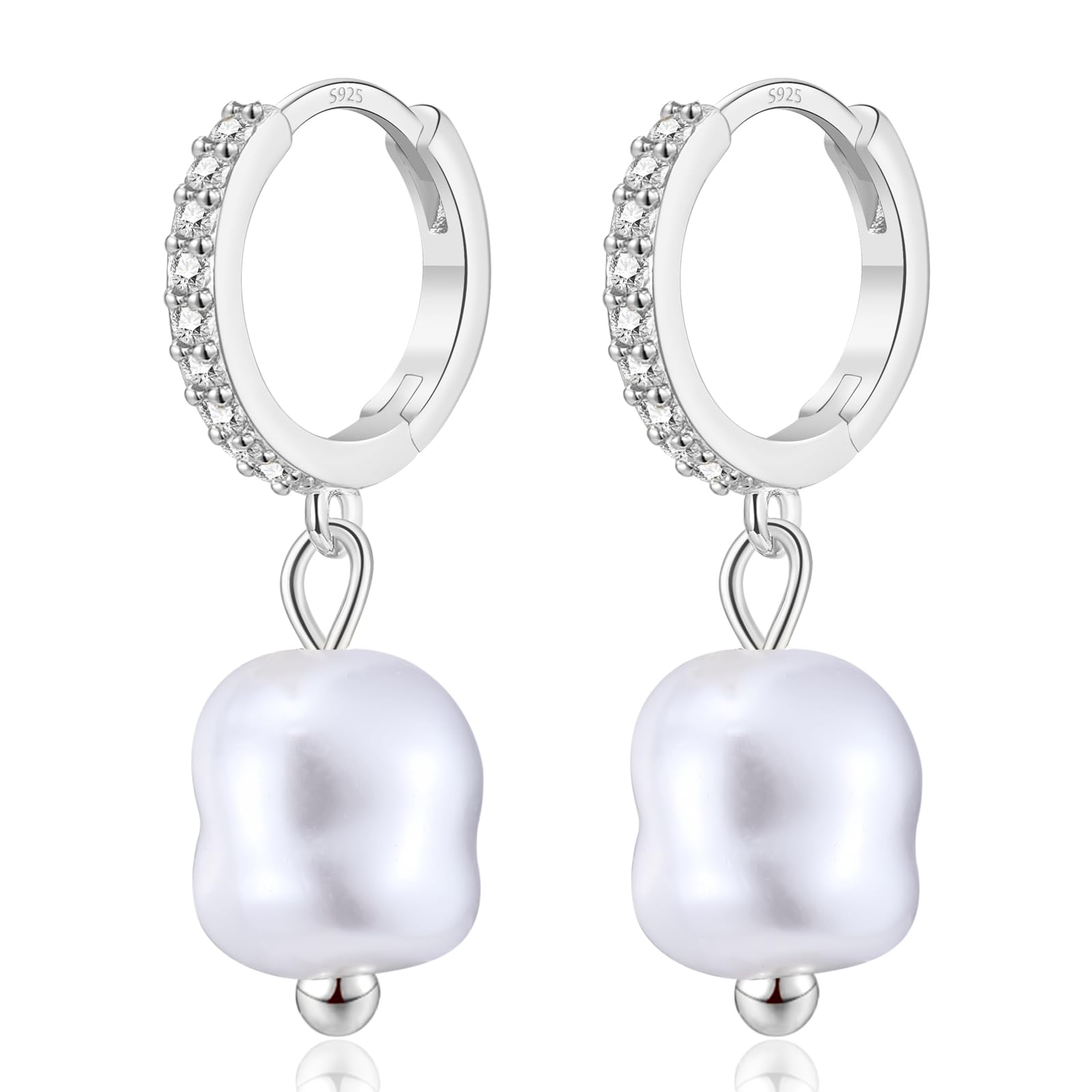 JOPLYPearl Drop Earrings for Women, Sterling Silver Pearl Dangle Earrings Hypoallergenic Teardrop Round Pearl Hoop Earrings Jewellery Gifts for Ladies Girls, Silver/Gold