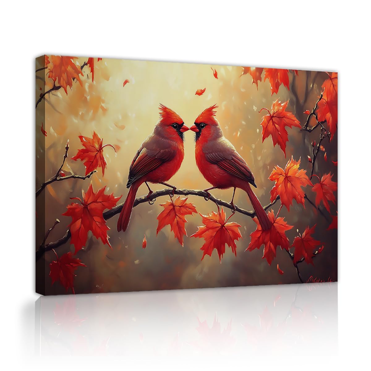 CHERHERART Wall Art Pictures Vintage Bird Couple Canvas Pictures Rustic Red Maple Leaves Canvas Painting Farmhouse Decor for Bedroom Dining Room 80x120cm Innerframe