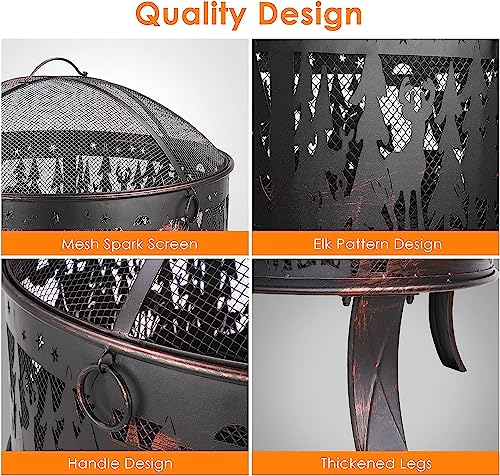 Feuerschalen, Feuerschale mit Funkenschutz, Feuerschale Garten Ø71x65cm, inkl. Poker & Kohlerost, Feuerkorb Retro-Look, Feuerstelle für Garten Camping Strand - Exquisites Elchmuster – Bild 3