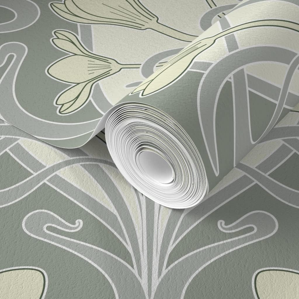 Spoonflower Commercial Grade Wallpaper 27ft x 2ft - Cream Green Flowers Art Nouveau Damask Traditional Wallpaper