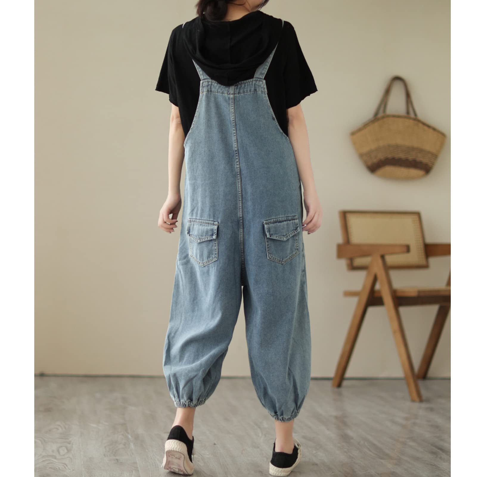Salopette da donna in denim Salopette Pantaloni da donna Vintage Casual Baggy Jean Tute regolabili Tute Tute a gamba larga Tutina Pantaloni lunghi Azzurro-M