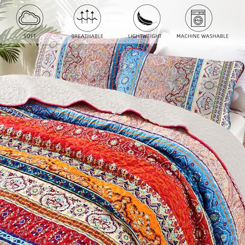 WONGS BEDDING Bohemian Quilt Set Queen Size, Boho Striped Pattern Bedspread Set for All Season, Microfiber Lightweight Coverlet Bedding Set 96"x90"(3 Pieces, Colorful) - Image 6
