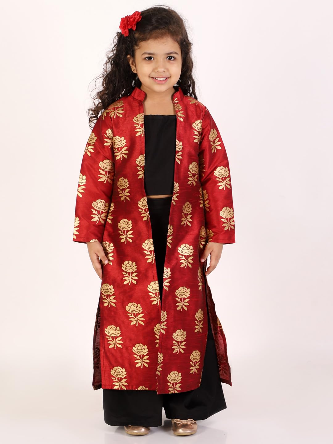 Jbn Creation Girls' Maroon And Black Brocade Cotton Silk Crop Top, Pallazo And Shrug Set_Jbngco002Ma_5-6Y