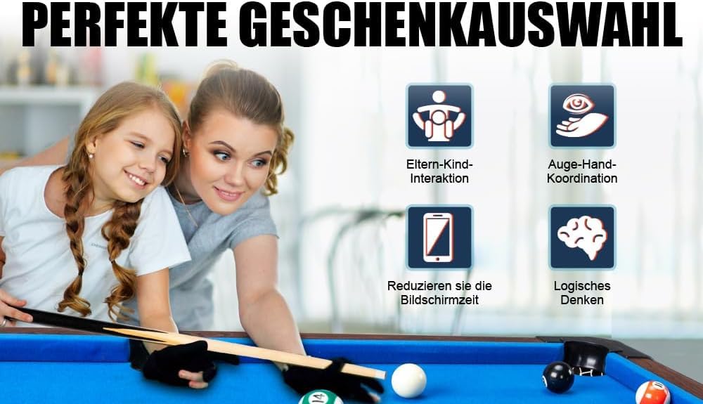 Bonnlo Billardtisch mit Zubehör (2 Queues, 1x Satz Billardkugeln, 1 Kreiden & Dreieck & Bürste), Tischbillard klappbar für Kinder & Erwachsene, 122x61x76 cm, Blau