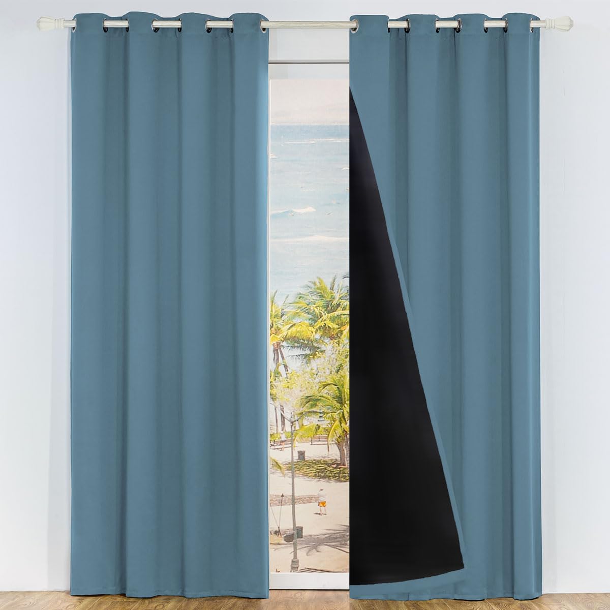 LA PALMA 100% Blackout Curtains - Thermal Insulated, Double Layered Grommet Drapes with Black Liner for Bedroom and Living Room Darkening - Energy