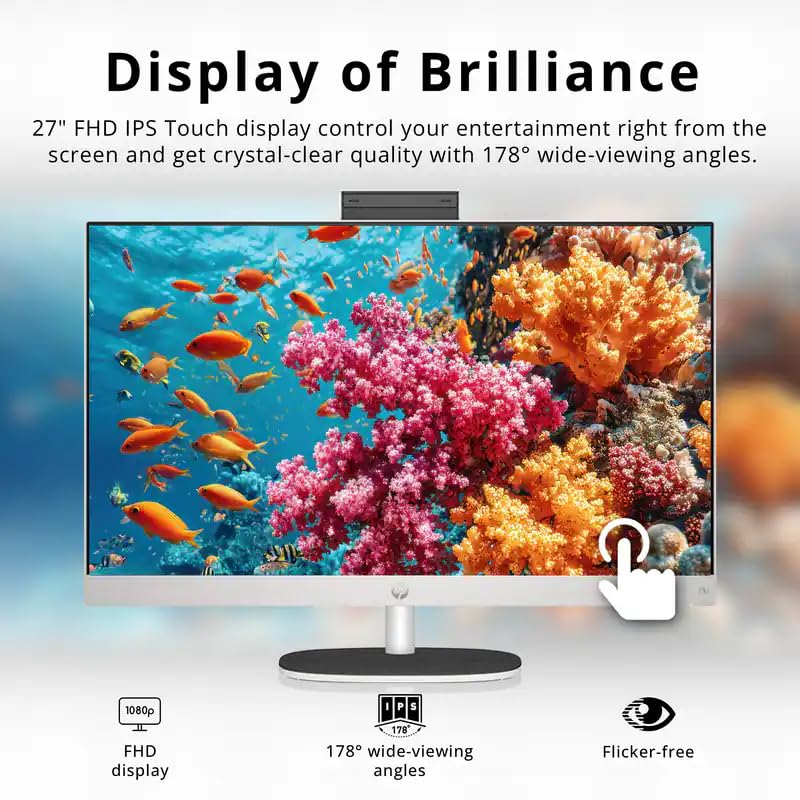 Image of HP 27 inch Touchscreen All-in-One Desktop Computer, AMD Ryzen AI 7 350 (Up to 5.0GHz), 32GB DDR5 RAM, 2T SSD, FHD IPS Display, WiFi6, Bluetooth 5.4, Windows 11 Pro, Copilot+ AI PC, KB & Mouse, Accessories