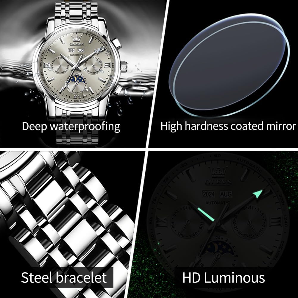 OLEVS Automatic Men Watch Self Winding Mechanical Luxury Dress Moon Phase Stainless Steel Waterproof Luminous Calendar Wrist Watch