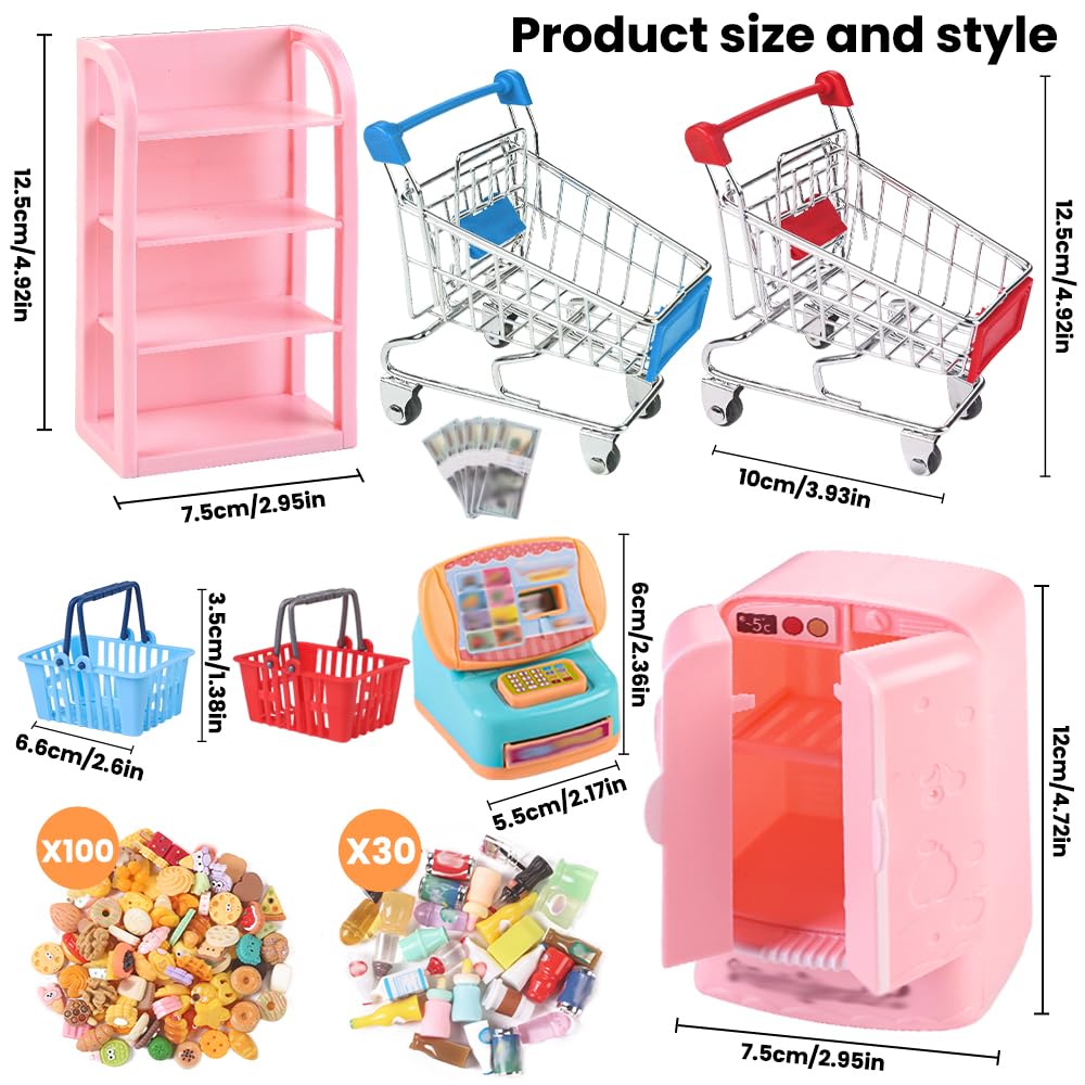 143 piezas Mini cesta de la compra en miniatura de comida bebida botella de juguetes, estante de supermercado, carrito de metal para caja registradora para tienda de casa de muñecas, accesorio 2