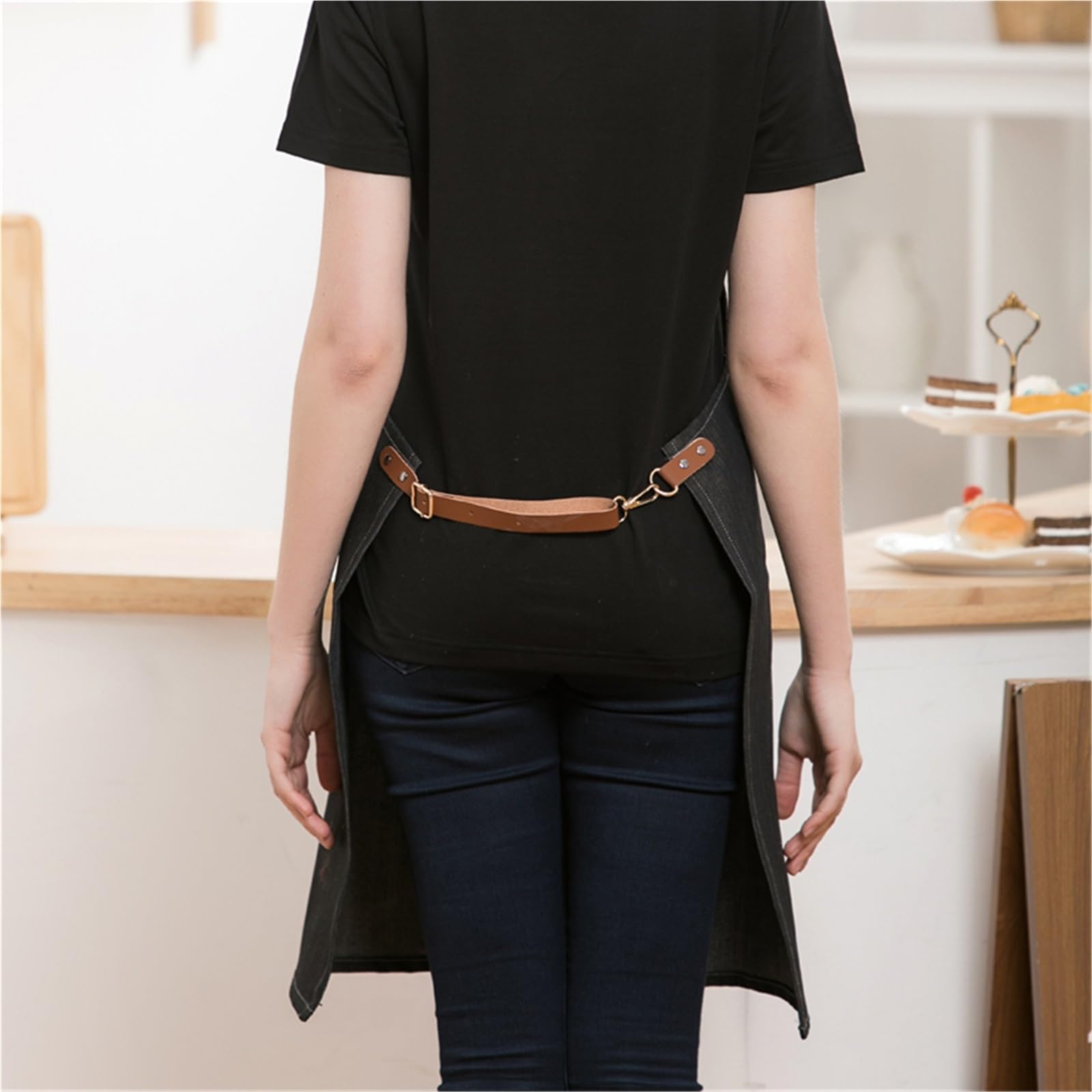 Delantal de trabajo de mezclilla con correa de cuero y bolsillos, uniforme de camarero for estudio de belleza, barbería, cafetería, mercado, panadería. para Soldadura, Herrero