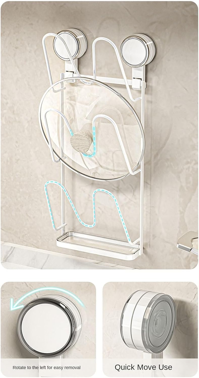 Multi Tiers Suction Cup Kitchen Lid Organiser Wall Mounted Storage Rack for Multiple Cookware Accessories Rotatable Kitchen Utensils Holder