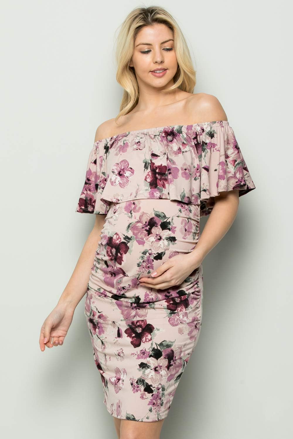 My Bump Womens Off Shoulder Maternity Dress - Ruched Ruffle Off Shoulder Baby Shower Pregnancy Dress (Made in USA)