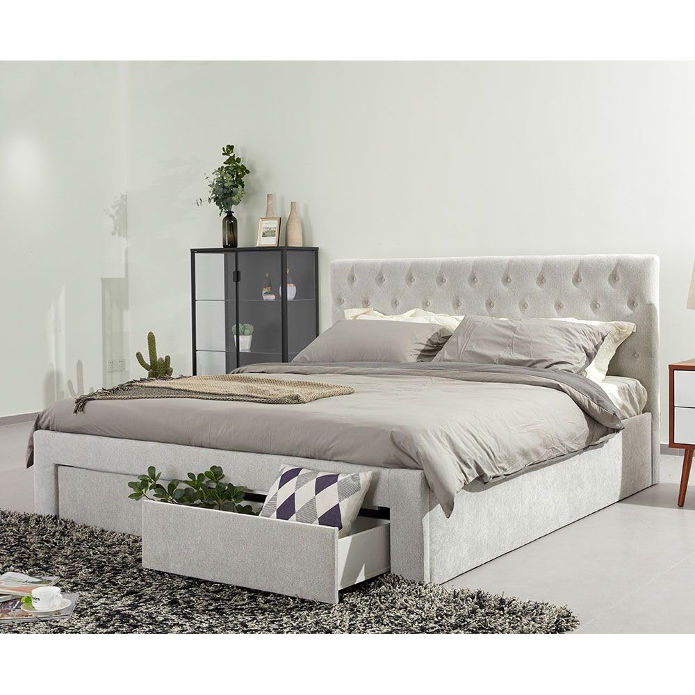 Danube Home Bacia 180X200 King Bed With 2 Front Drawer Storage| Sturdy Modern Design Wooden Double Bed Frame Furniture| Quiet & Comfortable BedsL 218 x W 191 x H 111 cm - Light Grey