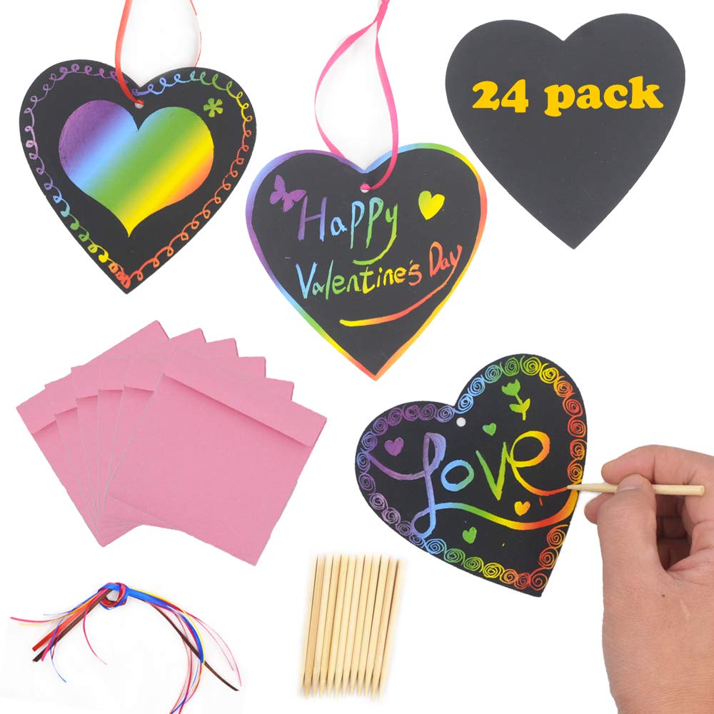 BEIGUO 24 Pack Magic Color Scratch Heart with Sticker Envelopes Valentines Day Cards for Kids Party Favor School Classroom Gift Exchange (Pink)