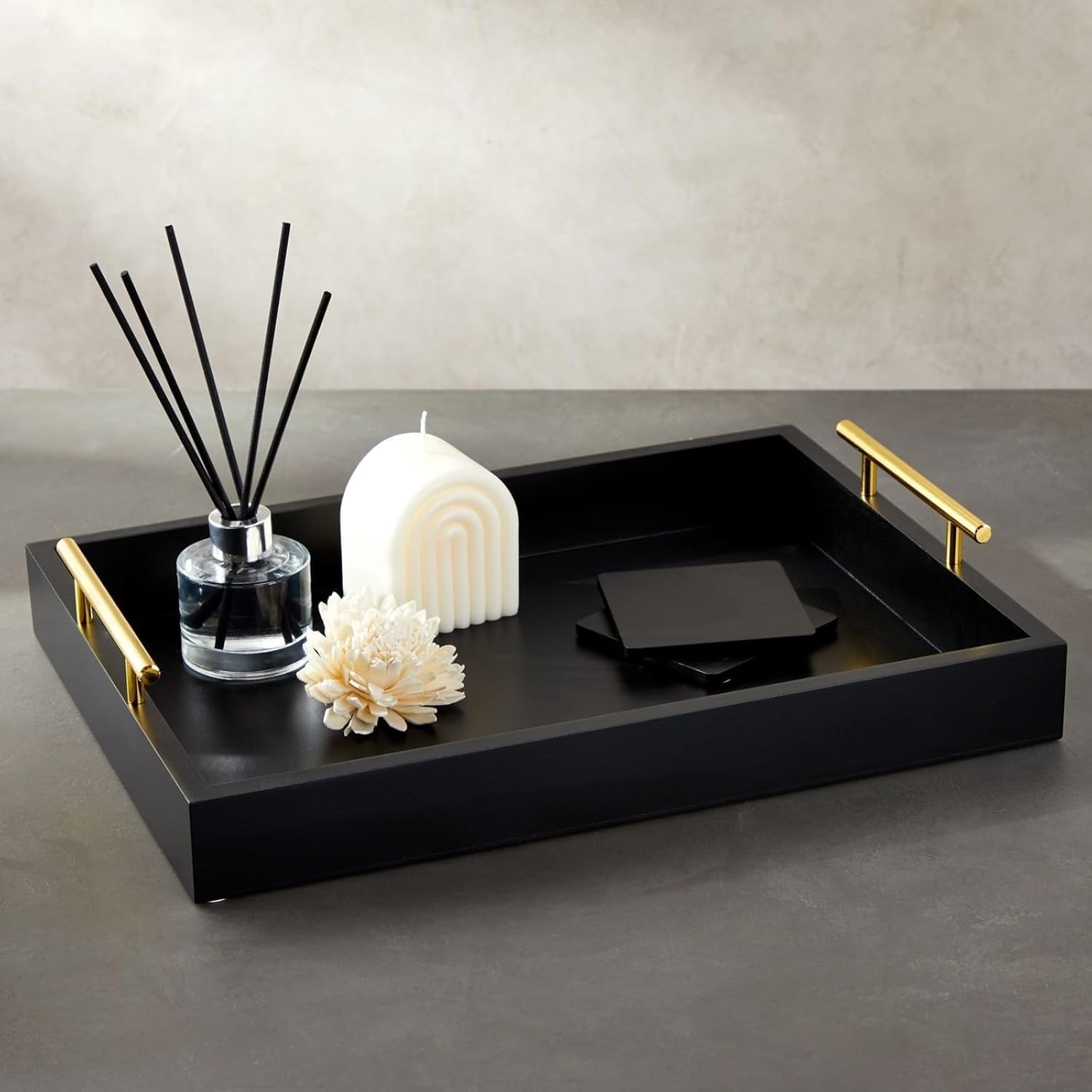 Juvale Wooden Serving Tray - 15.7 x 11.8 x 3.1 in, Black Rustic, Includes 2 Coasters - Decorative Tray with Interchangeable Gold & Silver Handles - Sofa & Ottoman Use, Coffee Table Decor